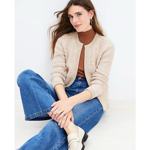 LOFT Sweaters - Ann Taylor LOFT Boucle Tweed Knit Open Front Cardigan Sweater Preppy Tan Medium